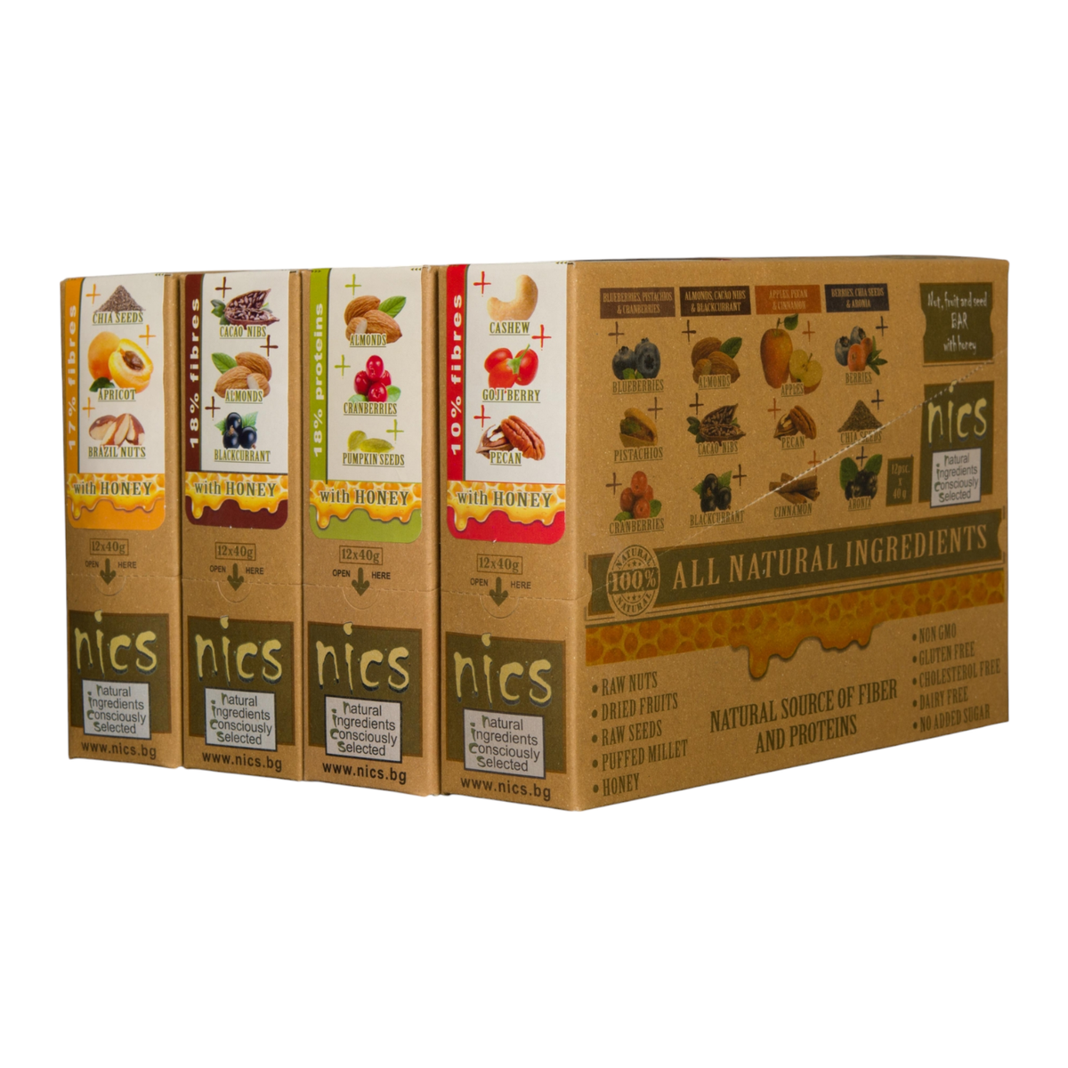 Nics Honey Fruit and Nut bar with Almonds, Cranberries and Pumpkin Seeds, 12-Pack