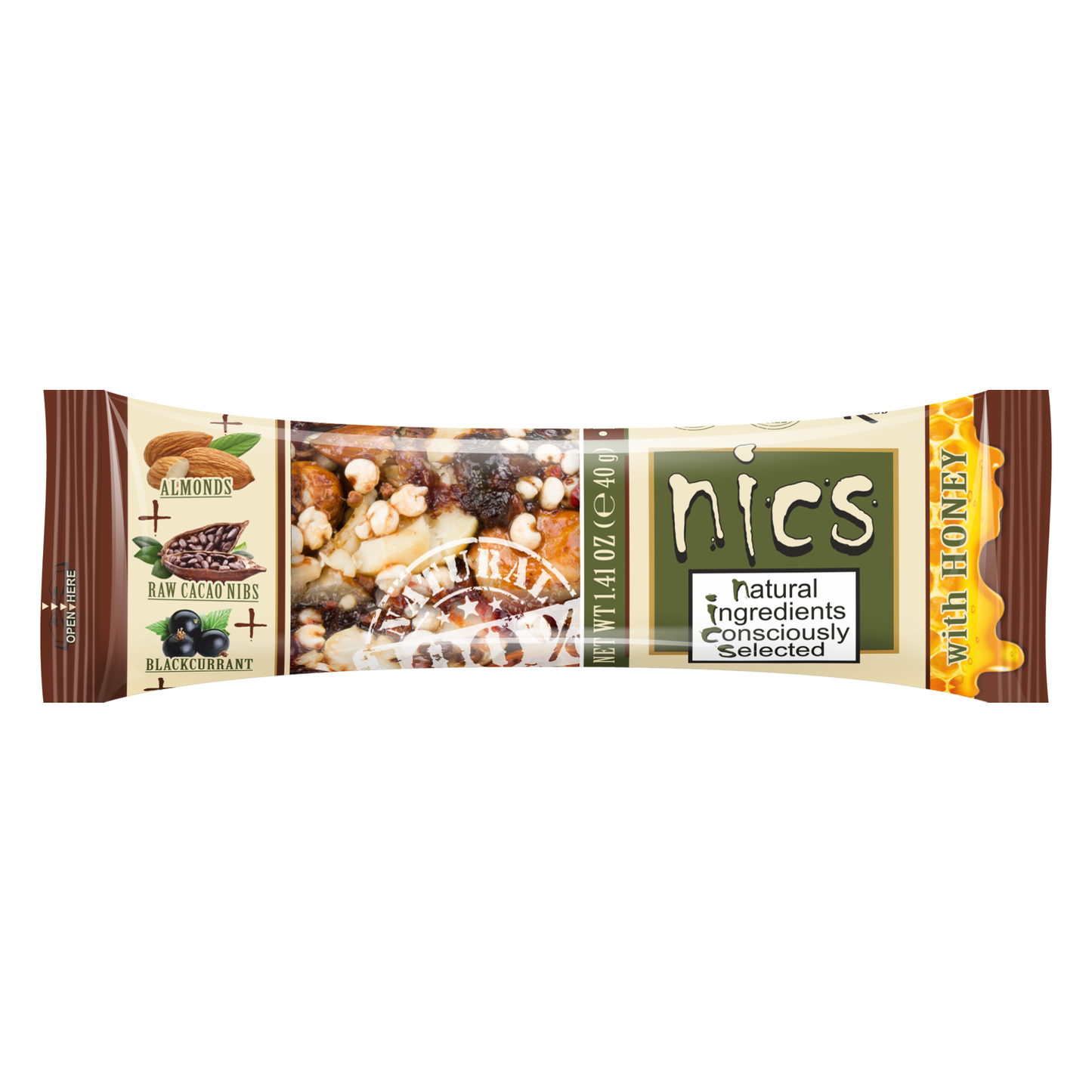 Nics Honey Fruit and Nut bar with Cacao Nibs, Almonds and Blackcurrants Bar, 12-Pack