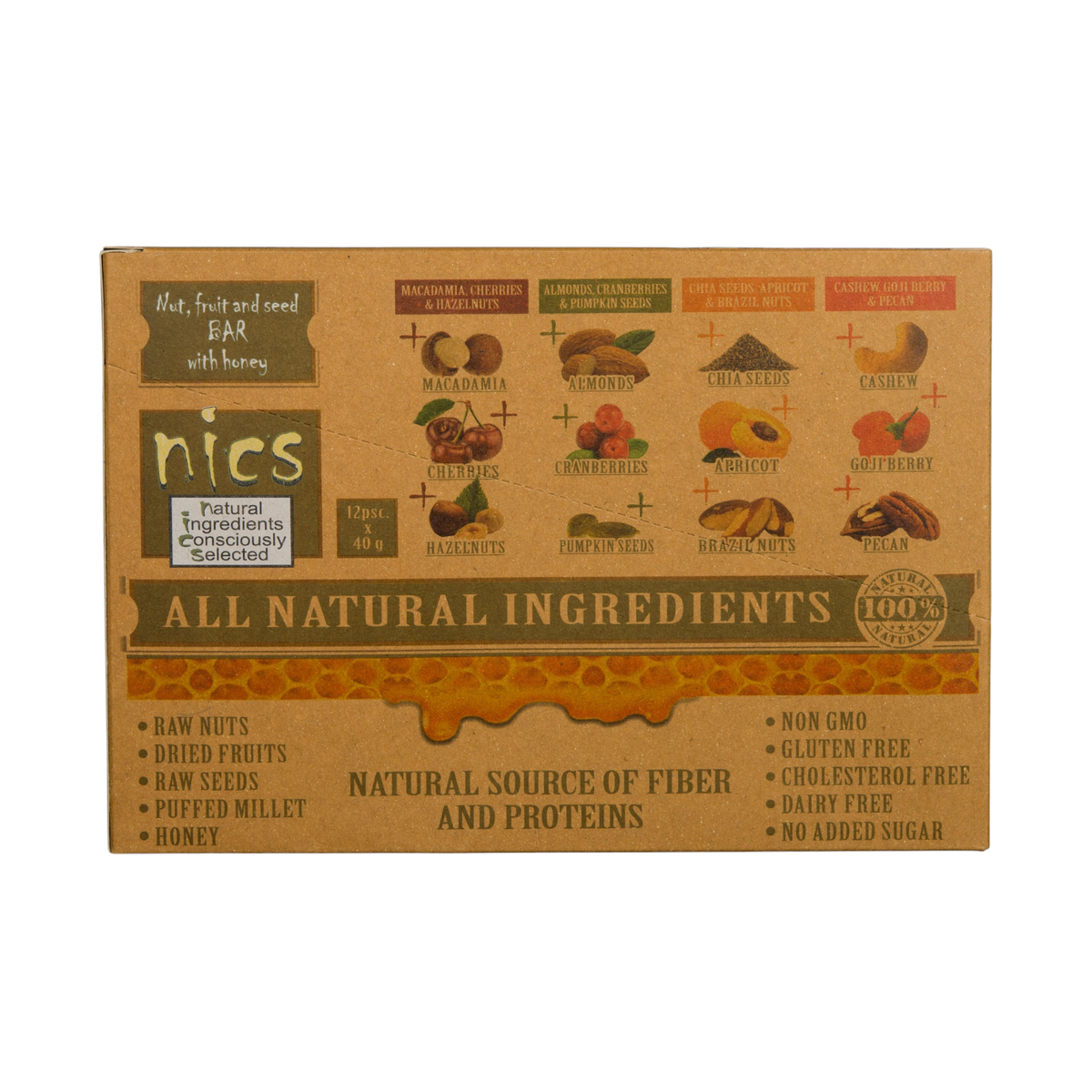 Nics Honey Fruit and Nut bar with Cashew, Pecan and Goji Berry, 12-Pack