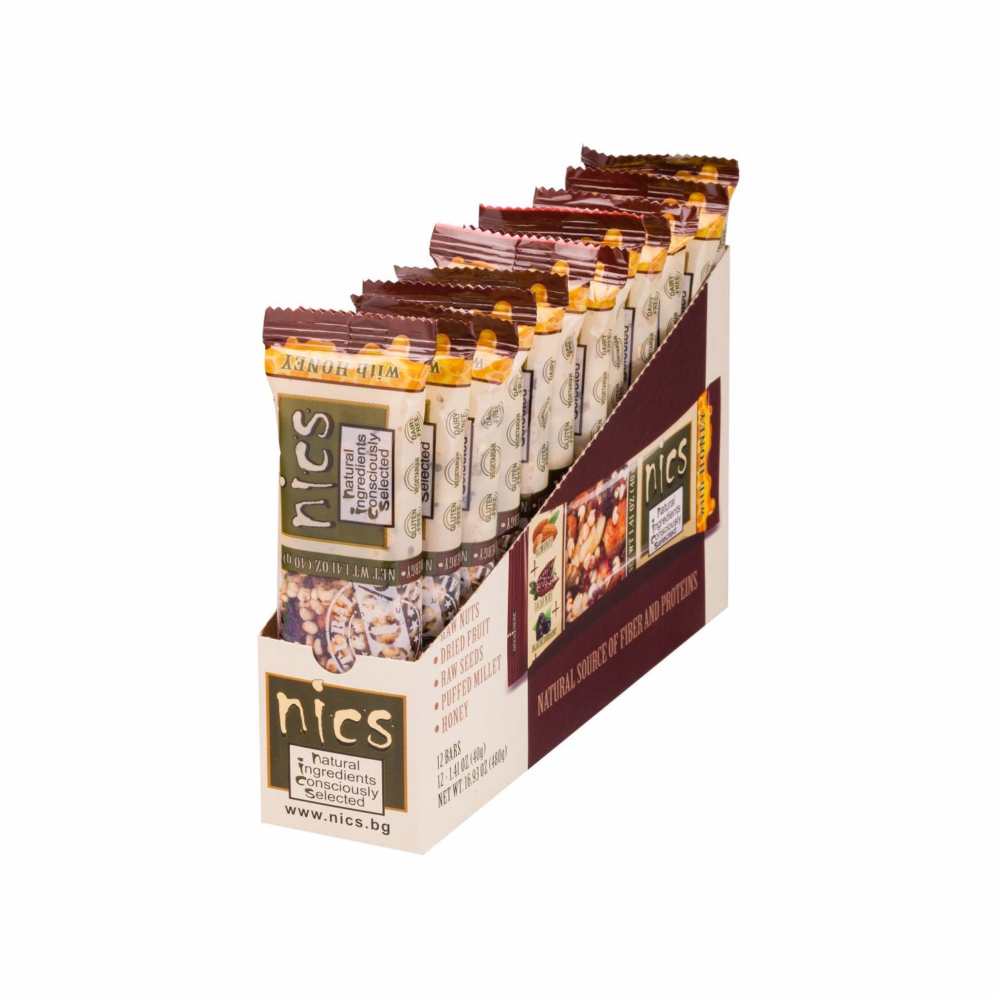 Nics Honey Fruit and Nut bar with Cocoa Nibs, Almonds and Blackcurrants, 12-Pack