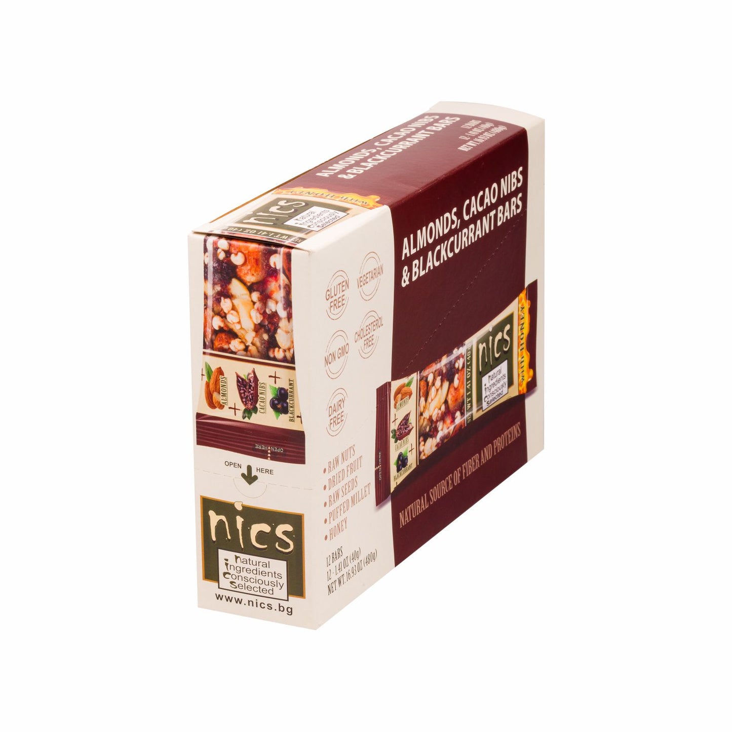 Nics Honey Fruit and Nut bar with Cocoa Nibs, Almonds and Blackcurrants, 12-Pack