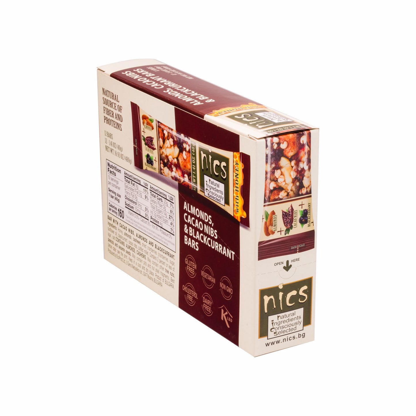 Nics Honey Fruit and Nut bar with Cocoa Nibs, Almonds and Blackcurrants, 12-Pack