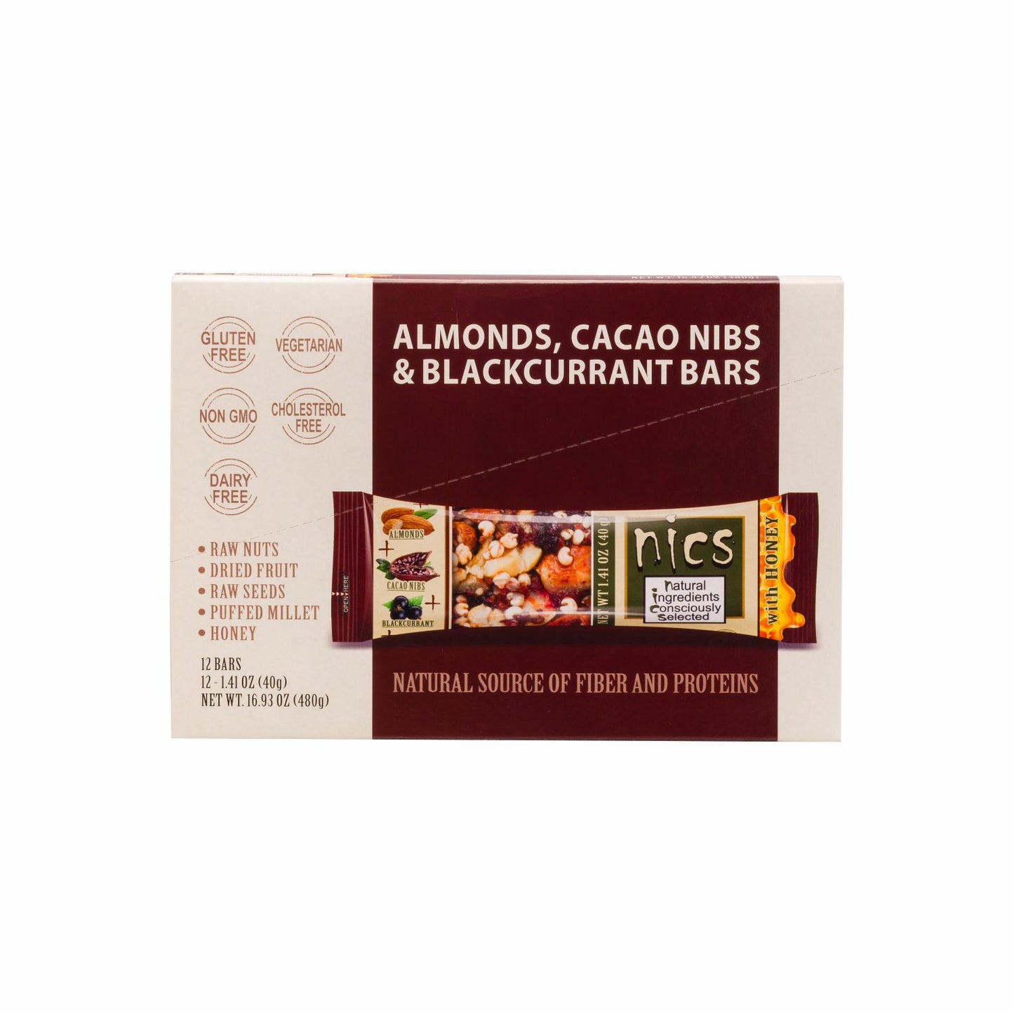 Nics Honey Fruit and Nut bar with Cocoa Nibs, Almonds and Blackcurrants, 12-Pack