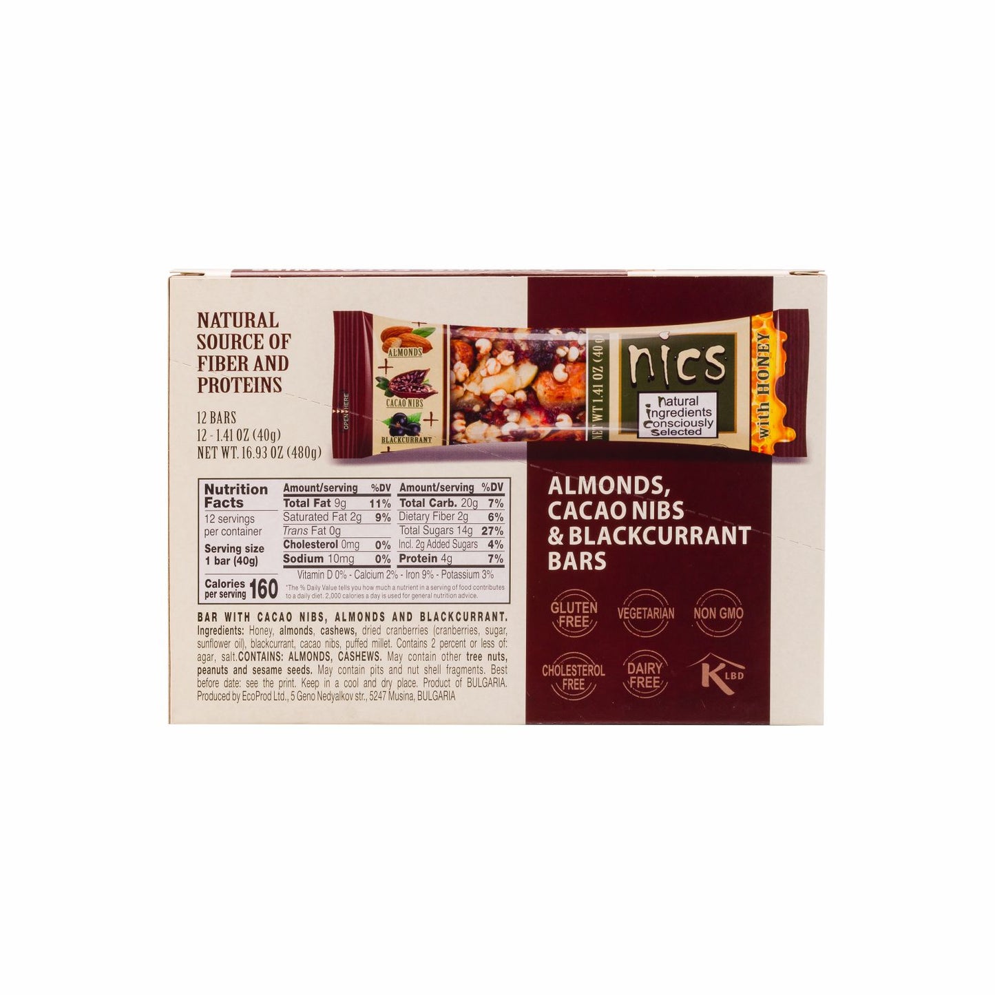 Nics Honey Fruit and Nut bar with Cocoa Nibs, Almonds and Blackcurrants, 12-Pack