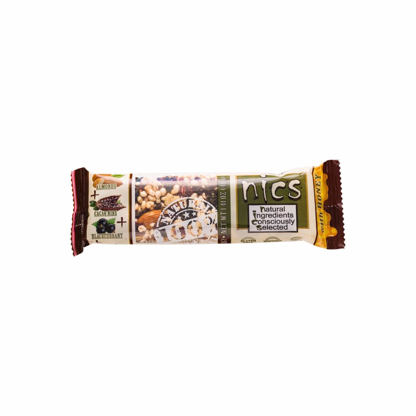 Nics Honey Fruit and Nut bar with Cocoa Nibs, Almonds and Blackcurrants, 12-Pack