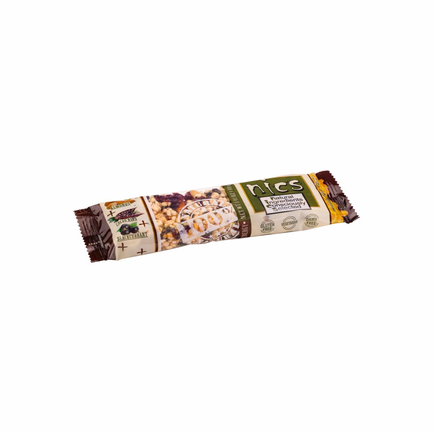 Nics Honey Fruit and Nut bar with Cocoa Nibs, Almonds and Blackcurrants, 12-Pack