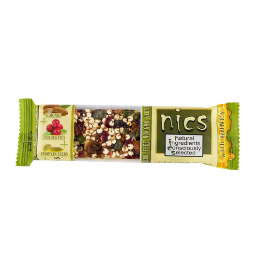 Nics Honey Fruit and Nut bar with Almonds, Cranberries and Pumpkin Seeds Bar, 12-Pack